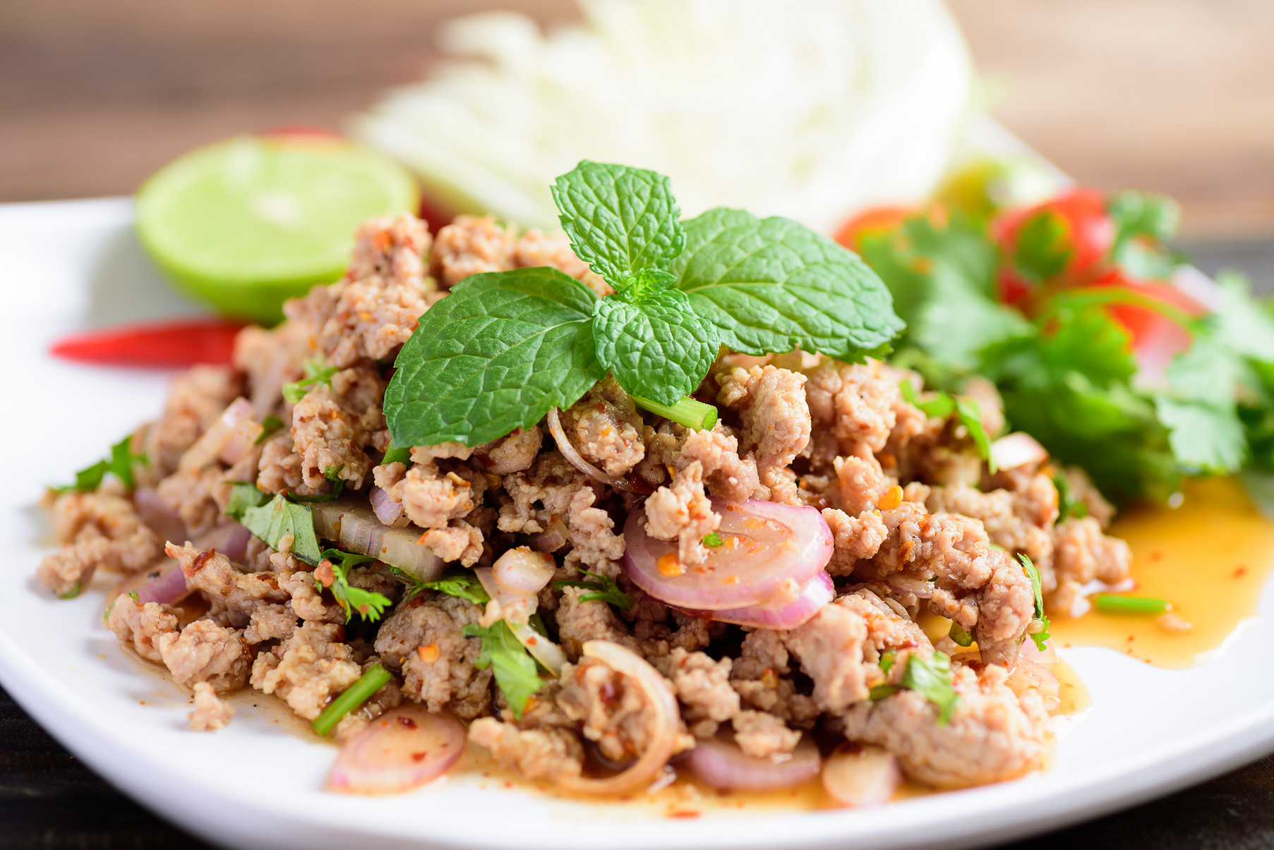 Thai food, spicy minced pork salad (Larb Moo)